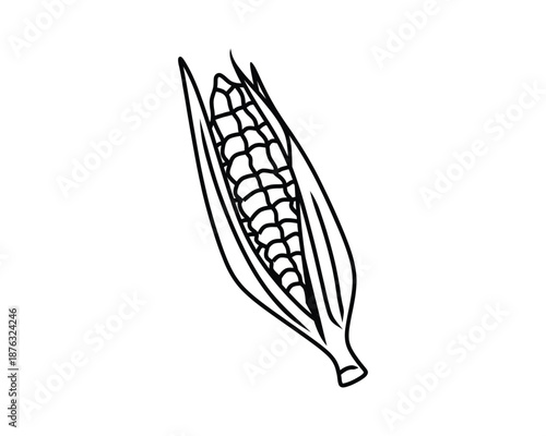 Line Art Corn Cob with Husk Vector Icon - Simple Black and White Maize Illustration