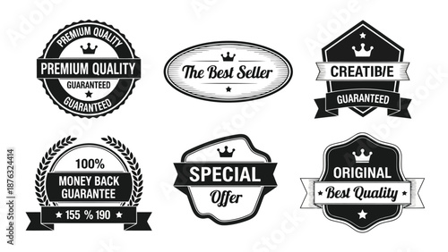 Collection of black and white quality guarantee and special offer badges