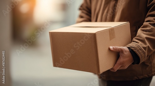 Courier Delivering Brown Box in Urban Setting Close-Up Perspective E-commerce Package Delivery Task Professional Service Minimal Background Focus for SEO Optimization