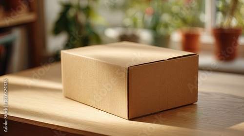 Classic Cardboard Box on Light Wooden Desk Neat Standard Scale Home Office Environment Natural Light Viewpoint Minimalist Concept for Packaging and Storage