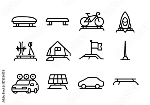 Outdoor activity icons: bike, kayak, tent, hiking, camping, flag, car, solar panels