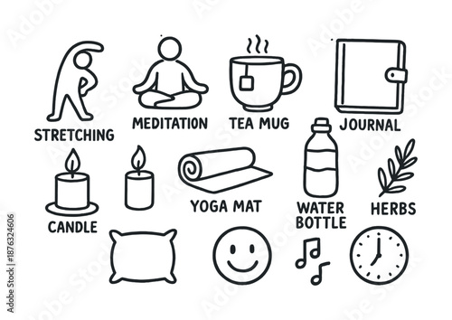 Icons of wellness: stretching, meditation, tea, journaling, yoga, relaxation