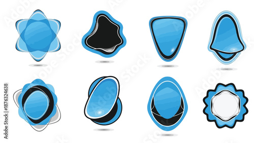 Collection of abstract blue shapes with black interiors and glossy effects