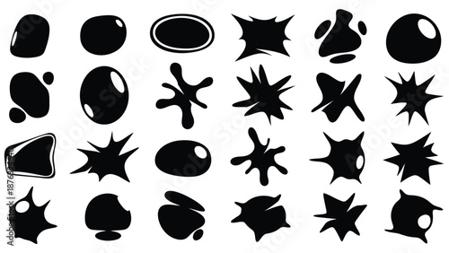Abstract collection of black blob shapes and starburst designs on white background