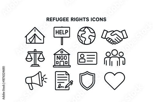 Refugee rights icons set featuring tent, help sign, globe, handshake, scales, ngo, identification, community, megaphone, document, shield, heart