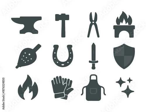 Blacksmithing tools icons set featuring anvil hammer pliers forge shield and more