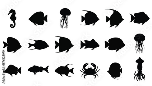 Collection of black silhouette marine life fish jellyfish seahorse and squid
