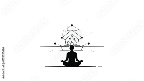 Silhouette of person meditating with abstract geometric patterns and light rays symbolizing inner peace and clarity.