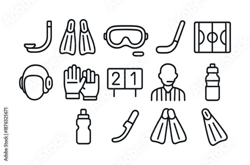 Outline icons of snorkeling and hockey equipment featuring goggles and flippers