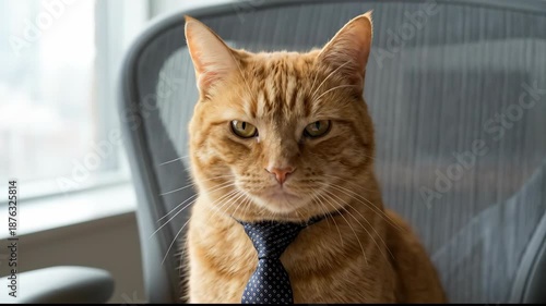 Serious Faced Orange Tabby Cat in Tiny Tie Sitting Upright on Office Chair Surrounded by Supplies Exuding Professional Demeanor