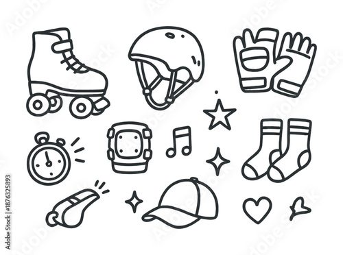 Roller skating gear: helmet, rollerblades, gloves, knee pads, stopwatch, whistle, cap