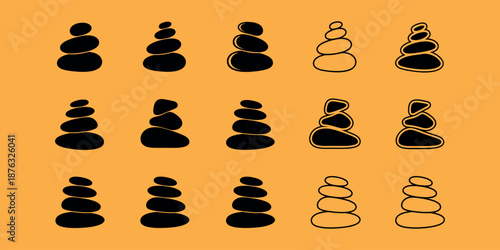 Set of black and white zen stone stack icons showing balance harmony and stability for web design