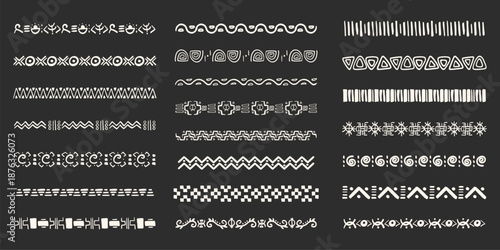 Set tribal ethnic border, divider doodle hand drawn crayon from geometrical shapes isolated dark background. Boho motif scandinavian srtoke, traditional native decor.