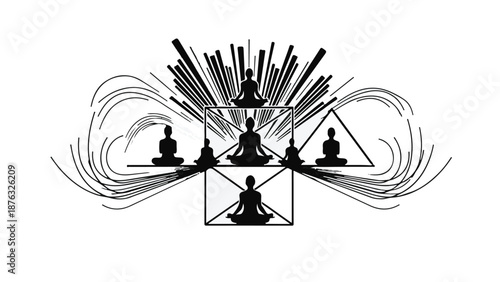 Serene figures in meditation find inner peace amidst energetic, abstract patterns.