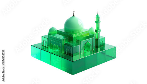 Isometric, translucent green mosque against a stark black background