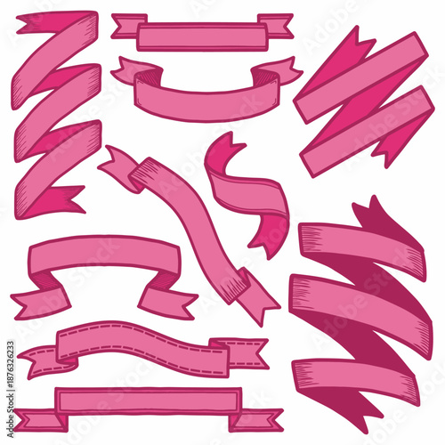 Hand drawn pink ribbon banners and scroll collection. Vector elements for design of invitation card, save the date, birthday card, scrapbook and design