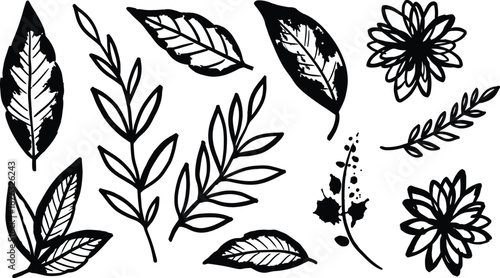 Set of hand drawn ink botanical design elements leaves and flowers artistic sketches
