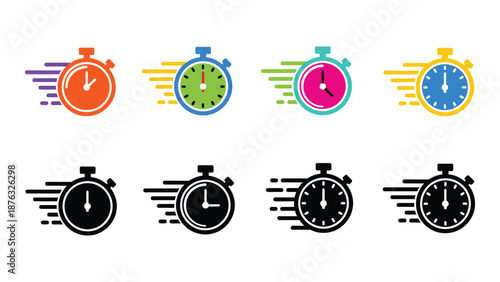 A collection of colorful and black stopwatch icons on a white background