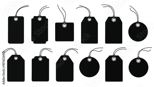 Collection of blank black price tags and labels with string attachments