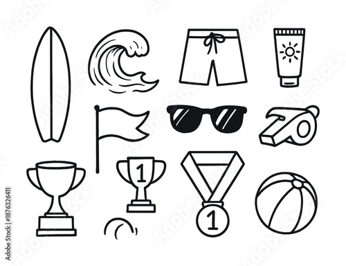 Beach and surf icons: surfboard, wave, swimwear, sun protection, sports, leisure
