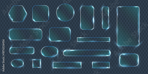 Collection of glowing blue glassmorphism shapes on transparent background. Modern abstract interface elements for apps websites dashboards and futuristic digital design.
