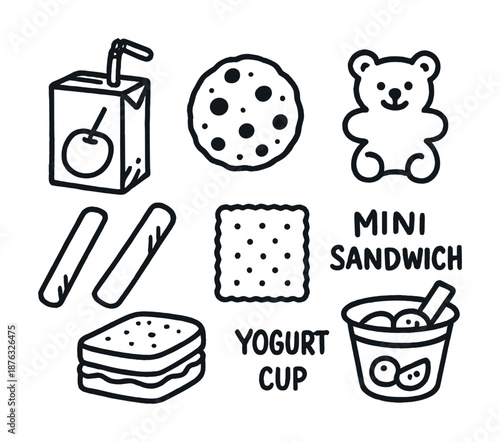 Assorted snack illustrations: juice box, cookie, bear, sticks, yogurt, sandwich