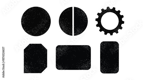Simple black geometric shapes arranged in a line circles rectangles and a gear