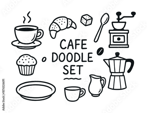 Cafe doodle set featuring coffee, croissant, cup, and utensils