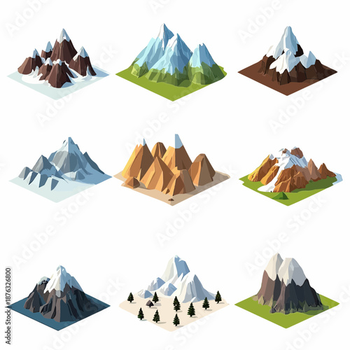 Isometric minimalist vector collection of nine mountain terrain tiles with snow coverage and grassy bases in diverse natural color palettes