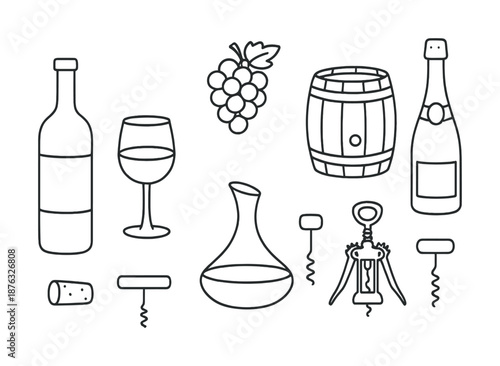 Wine themed icon set: bottle, grapes, corkscrew, barrel, glass, decanter
