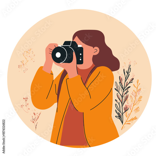 Woman photographer taking picture with camera in autumn orange coat with floral decoration flat vector illustration circle background