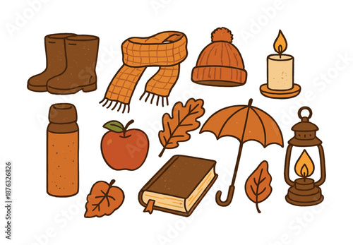 Cozy autumn collection with boots, scarf, umbrella, and fall leaves