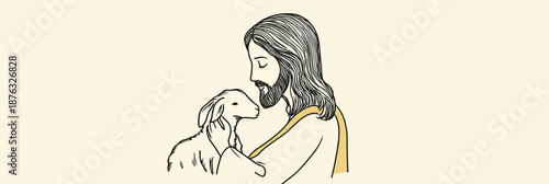 Continuous line drawing of Jesus Christ holding a lamb with gentle expression minimalist vector illustration religious symbolism in simple one line style