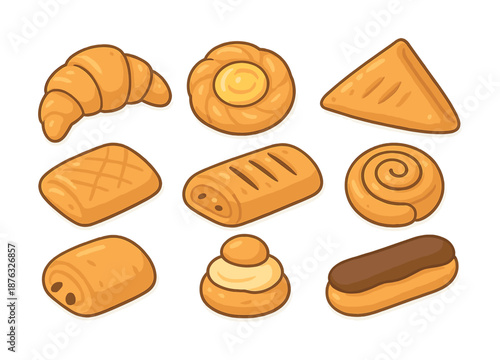 Assorted pastry collection featuring croissant danish eclair and more