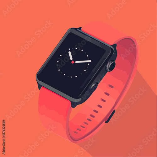 Minimalist vector illustration of black smart watch with red silicone band showing analog clock face on orange background flat design style