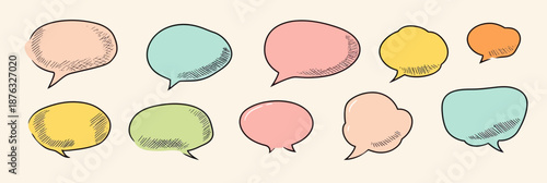 Colorful hand drawn speech bubbles set with sketch doodle style outline for comic dialog and text quotes vector illustration flat minimalist design