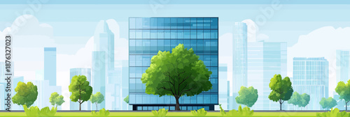 Modern glass office building with green trees in urban cityscape, sustainable environment concept with minimalist flat vector style illustration for eco friendly architecture and urban greenery