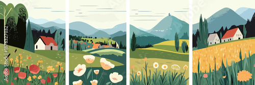 Scenic countryside landscape with blooming flower fields, rolling green hills, mountain background, rural village houses, clear sky in flat minimalist vector style