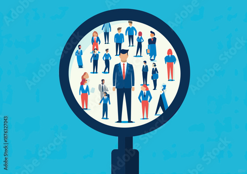 Business people group with diverse employees with magnifying glass focusing on single outstanding candidate for hiring and recruitment concept flat vector illustration