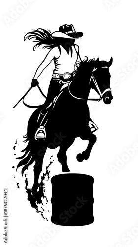 Silhouette of Female Barrel Racing Rider on Horse Performing Sharp Turn Around Barrel in Dynamic Western Equestrian Sport Vector Illustration