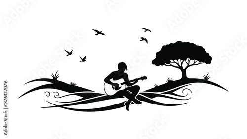 Silhouette of a person playing guitar in a peaceful landscape with birds flying and a tree.