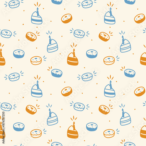 Birthdays pattern. Doodle of donuts and cake slices with candles, in blue and gold, with dessert silhouettes on soft cream background.