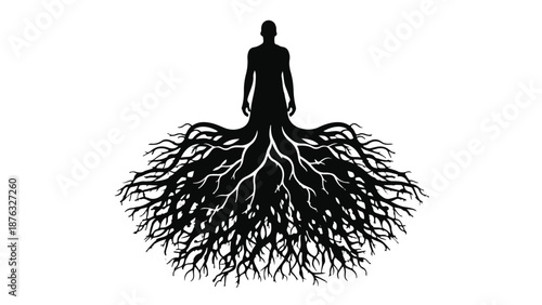 Silhouette of a person with roots growing from their lower body, symbolizing connection to nature and growth.