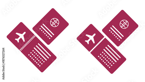 A set of red airplane tickets with white graphics on a plain background