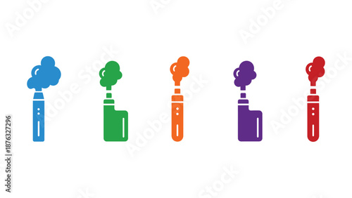 A colorful illustration of five e-cigarettes in different vibrant colors