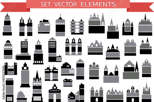 Collection of grey and black building silhouette vector elements Keywords: building, silhouette
