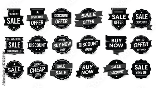 Collection of black and white sale banners and discount offer labels