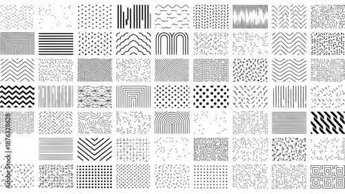 A diverse collection of black and white linear patterns and textures