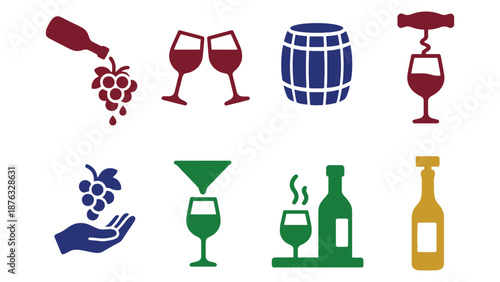 A collection of colorful wine and grape icons on a white background