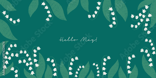 Floral Poster with Spring May Lilies of the Valley on Green Alexandrite Background. Hand-drawn Textured Crayon Horizontal greeting Frame card with white forest flowers. Vector illustration. Not AI